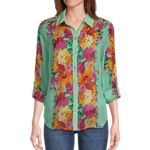 Fig and Flower Mint‎ Green Floral Button Up Long Sleeve Top  -- XL - Picture 2 of 15